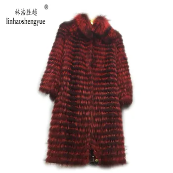 Linhaoshengyue 90cm dlouhý real Silver fox red fox přírody kožich Vlny pletené vložky,stylovým límcem