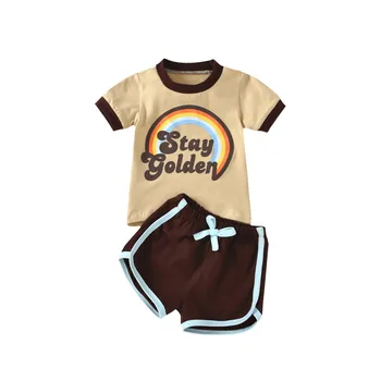 Letní Batole, Dítě, Chlapec, Dívka, Bavlněné Šaty Letní Krátký Rukáv Kreativní Duha Dopis Tisk T-shirt Pure Color Šortky 0-24M