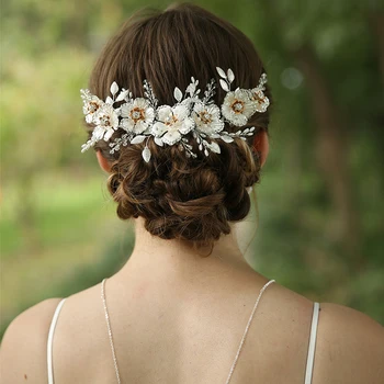 Stříbrná Barva Velký Svatební Květinové Vlasy Hřeben Ženy Koruna Perly Crystal Svatební Pokrývka Hlavy Vlasové Doplňky Pro Nevěsty