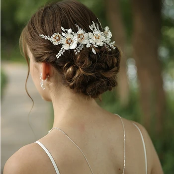Stříbrná Barva Velký Svatební Květinové Vlasy Hřeben Ženy Koruna Perly Crystal Svatební Pokrývka Hlavy Vlasové Doplňky Pro Nevěsty