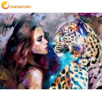 CHENISTORY 60x75cm Malování Podle Čísel Barevné Dívka A Leopard DIY Olejové Barvy Podle Počtu Domů Obývací Stěna Artcraft DIY Gif