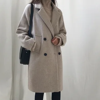 Minimalistický Zimní Dlouhá Bunda Ženy Kabáty Korejské Volný Oversize Vlněný Kabát Velké Velikosti Kolena Délka Dámské Kabáty Černá Šedá