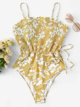 Volánky Žlutá Smocked Jeden Kus Ženy Plavky Špagety Popruhy Plavky, Sexy Plavky Polstrovaná Biquini Plážové oblečení Monokini
