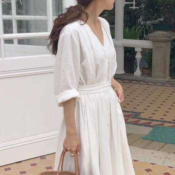 Jarní Vestidos Plus Velikost Bavlněné Dlouhé Šaty 2021 Léto, Podzim, Pevné-Line Volné Šaty Bílé Elegantní Vintage Ženy Šaty