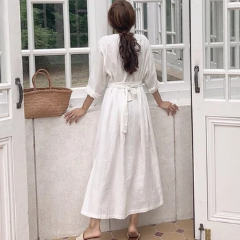 Jarní Vestidos Plus Velikost Bavlněné Dlouhé Šaty 2021 Léto, Podzim, Pevné-Line Volné Šaty Bílé Elegantní Vintage Ženy Šaty
