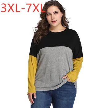 Nové 2021 jaro podzim plus velikosti topy pro ženy velký svetr dlouhý rukáv volné patchwork O krk T-shirt šedá 4XL 5XL 6XL 7XL