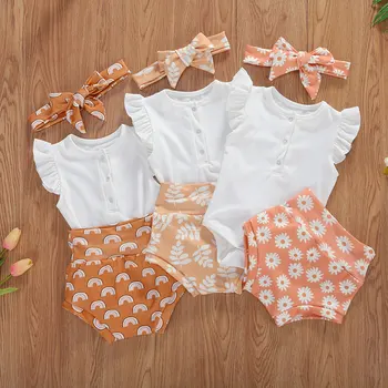Novorozence Baby Girls Oblečení Sady 3ks Volánky Rukáv Romper Topy Print krátké kalhoty Čelenka 0-18M