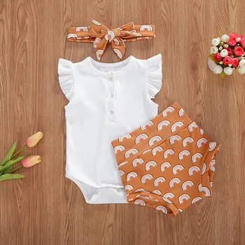 Novorozence Baby Girls Oblečení Sady 3ks Volánky Rukáv Romper Topy Print krátké kalhoty Čelenka 0-18M
