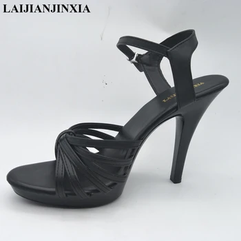 LAIJIANJINXIA 5 Palců Jehlové S Platformou ženy módní boty 13cm Vysokém podpatku boty černé pu Taneční Boty motocykl sandály