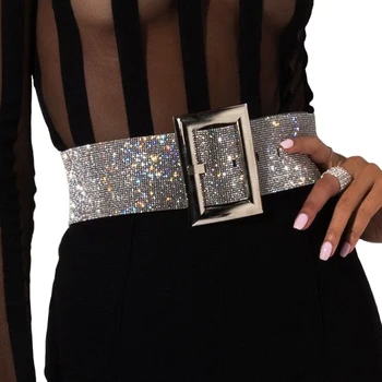 Nové Luxusní Značky Design Drahokamu Dámské Široký Pás Módní Lesklé Diamond Crystal Opasek Žena Gold Silver Pasu Party Pás