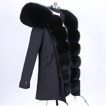 Zimní bunda pravá kožešina kabát přirozené real fox kožešiny límec volné dlouhé parka kabát kožich odepínací