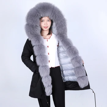 Zimní bunda pravá kožešina kabát přirozené real fox kožešiny límec volné dlouhé parka kabát kožich odepínací