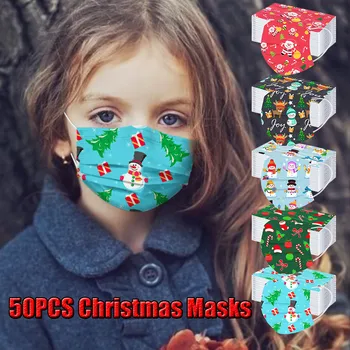 50KS Dítě dětský Vánoční Maska na Jedno použití obličejová Maska Vánoční Tisk Módní Venkovní Sportovní Maska Průmyslové 3Ply Smyčky Maska