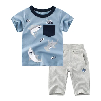 BINIDUCKLING 2020 Baby Boys Děti Oblečení Set Letní Žralok Potištěné Bavlny s Krátkým Rukávem T-Shirt+Kalhoty Oblek Batole Chlapec Oblečení