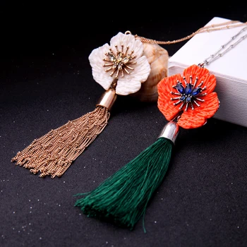 Bílé a Oranžové Pryskyřice Květina Náhrdelník pro Ženy Řetězce Bavlněné Vlákno Dlouhé Střapcem Přívěskem Náhrdelník Indické Šperky