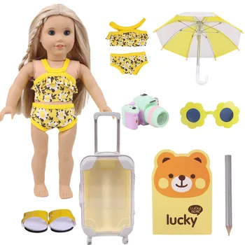 7Pcs/Set=Deštník+Plavky+Kamera+Brýle+Luagage+Papuče+Ostatní Hodí 18 Palcový 43cm Baby Doll Oblečení, Doplňky,Dárek k Narozeninám