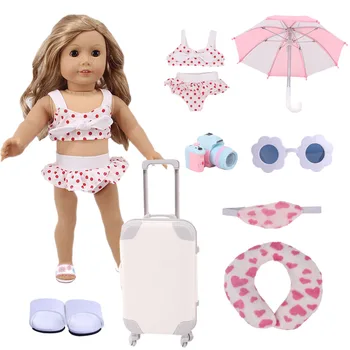 7Pcs/Set=Deštník+Plavky+Kamera+Brýle+Luagage+Papuče+Ostatní Hodí 18 Palcový 43cm Baby Doll Oblečení, Doplňky,Dárek k Narozeninám