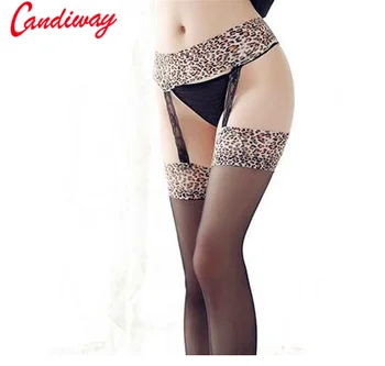 Candiway Sexy Černý Krajkový Podvazkový Pásy, Elastický Vysoký Pasu Stehna Vysoká Punčochy S Leopardím Kapela Punčocháče Pro Ženy