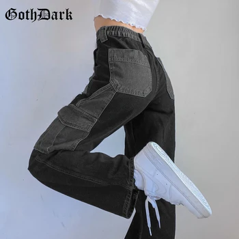 Goth Tmavě Hip Hop Gotické Vysoké Pasu Džíny 90. let Mall Goth Širokou Nohu korejský Styl Kalhoty Dámské Vintage Volné Patchwork Streetwear