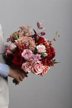 JaneVini 2020 Romantické Růžové Svatební Kytice Umělé Hedvábí Vínové Růže Nevěsta Kytice Hortenzie Květiny Svatební Doplňky