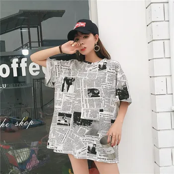Letní Ženy Krátký Rukáv T-shirt High Street Dlouhý Tričko Velké Velikosti Tees Módní Kreativní 3D Noviny Tisk Harajuku Topy