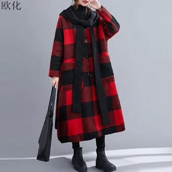 Ženy 2020 Tlusté Zimní Vlněný Kabát Ženy s Kapucí Kostkovanou Kabát Plus Velikost Streetwear Dámy Oversize Dlouhý Vlněný Kabát 4XL 5XL 6XL