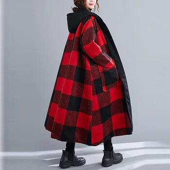 Ženy 2020 Tlusté Zimní Vlněný Kabát Ženy s Kapucí Kostkovanou Kabát Plus Velikost Streetwear Dámy Oversize Dlouhý Vlněný Kabát 4XL 5XL 6XL