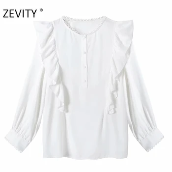 ZEVITY Nové ženy módní o krk dlouhý rukáv složence volánky bílá halenka tričko ženy krajky šití elegantní blusas topy podzim LS7191