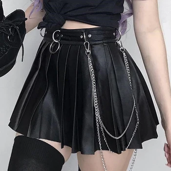 Ženy Gothic Sukně Tmavě Punk Léto Podzim Streetwear Goth PU Zippper Kovový Kroužek Skládaný Sexy Casual Mini Sukně Plná Barva
