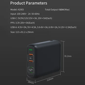 URVNS 150W PD QC 4.0 3.0 GaN USB C Nabíječka s Dual Typ C 100W PPS Rychlé Nabíjení Napájecí Adaptér pro MacBook Pro, Lenovo, iPhone