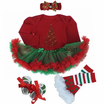 Můj první Vánoční Romper 4ks Baby Girls Oblečení Kombinéza Romper+Čelenka 0-24M Věku Ifant Batole Novorozence Oblečení Set Hot Prodej