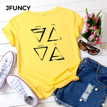 JFUNCY Plus Velikost T Košile Ženy Legrační Ležérní Letní Bavlněné Tričko Trojúhelníku Grafický Tisk O Krk Krátký Rukáv Žena Topy Tee