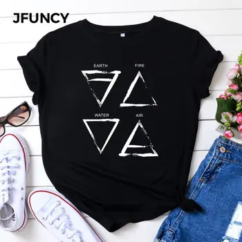 JFUNCY Plus Velikost T Košile Ženy Legrační Ležérní Letní Bavlněné Tričko Trojúhelníku Grafický Tisk O Krk Krátký Rukáv Žena Topy Tee