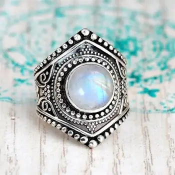Vintage Dámské Stříbrné Barvě Boho měsíční Kámen Prsteny pro Ženy Prohlášení Kámen Ring Módní Šperky