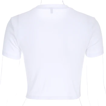 Sweetown 2019 Podzim Bílé Pevné Základní Oříznutí T Shirt Ženy O Krk Tričko Zimní Ležérní Crop Top T-Shirt Nové Módní Topy