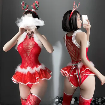 Červený Síťovaný Obleček Vánoční Kouzlo Cosplay Kostýmy vydlabat Oblečení Pokušení Elk Čelenka Sexy spodní Prádlo Pro Ženy Podprsenka Set