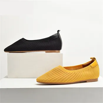 2021 Žluté Černé Ženy, Byty Příležitostné Jízdy Boty plátěné boty Slip-on Mokasíny Pletení Elastické Lodi Boty