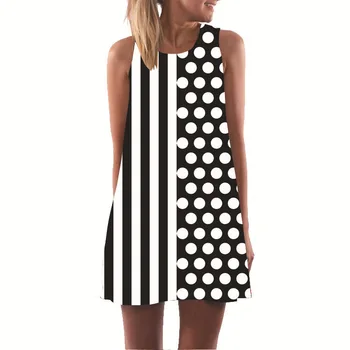 Ženy 3D Pruhované Dot Tisk bez Rukávů-Line Šaty Letní Nové O-Neck Casual Loose Módní Dovolenou na Pláži Vestidos Streetwear XXL