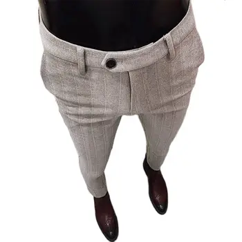 Pruhované Slim Fit Kotník Kalhoty Formální Kalhoty Délka Tmavě Šedý Proužek Obchodní Kancelář Kalhoty Mužů 2020 Podzimní Šaty Kalhoty Pro Muže