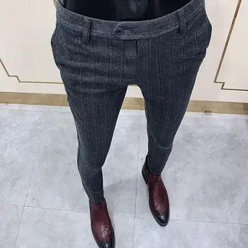 Pruhované Slim Fit Kotník Kalhoty Formální Kalhoty Délka Tmavě Šedý Proužek Obchodní Kancelář Kalhoty Mužů 2020 Podzimní Šaty Kalhoty Pro Muže