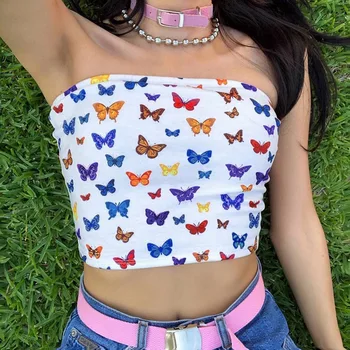 Sexy Vícebarevný Butterfly Tisk Bez Ramínek Slash Neck Tube Topy Módní 2019 Letní Žen Slim Crop Topy Ženy Streetwear