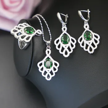 Stříbro 925 Klasické Šperky Sady Pro Ženy, Zelený Smaragd, Bílý Topaz Svatební Šperky, Náhrdelník, Náušnice, Prsten