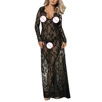 Plus Velikosti Sexy Šaty, Ženy Módní Lákavé Černé Krajky Babydoll Noční Oblečení Spodní Prádlo Erotické Transparentní Duté Vestido De Mujer