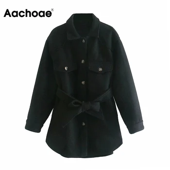 Aachoae Podzim Zima Ženy Elegantní Vlněné Kabáty S Pásem 2020 Solidní Dlouhý Rukáv Kapsy Svrchní Oblečení Zase Dolů Límec Elegantní Kabát