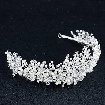 Stříbrná Barva Crystal Květinové Koruny Pro Nevěstu Luxusní Barque Koruna Svatební Vlasy Příslušenství Nevěsta Čelenka Svatební Čelenka Čelenka