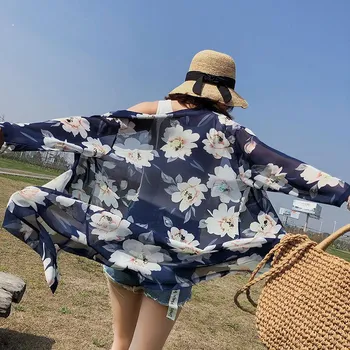 Letní dámská Halenka Kimono Mid-Délka Šifónové Tisk Begonia Sluneční Ochranu Oblečení, Svetr, Halenky, Plážové oblečení