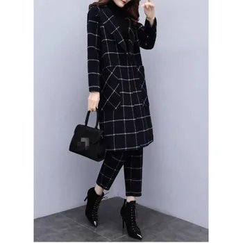 2021 Zimní Černý Vlněný Pléd Dvoudílné Sety Oblečení Ženy Plus Velikost Dlouhý Kabát A Kalhoty, Obleky, Elegantní Módní Office Sady