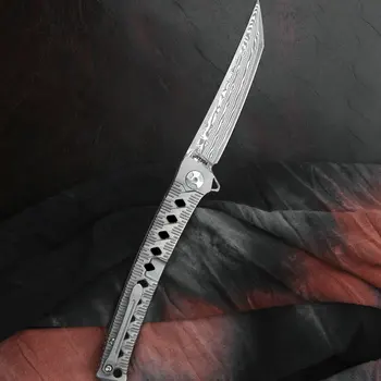 Damašek oceli, čepel ze slitiny titanu rukojeť taktické skládací nůž venkovní přežití nůž sebeobrana ovoce nůž nástroj nůž