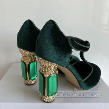Luxusní Smaragd, Achát Robustní Podpatek Svatební Boty Drahokamy Vysoký Podpatek Boty T-popruh Zelené Sametové Kolo Toe Drahokamu Čerpadla Ženy