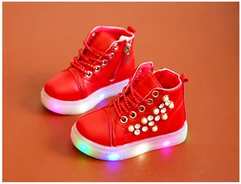 Děti dívky boty s plochou paty krajka up módní ležérní děti, dívky led světlo boty flash pearl crystal boty boty bílé růžové červené